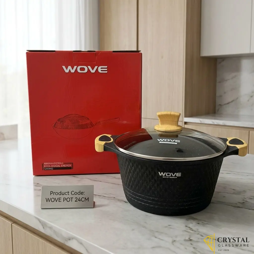 Wove branded non-stick granite casserole pot with a glass lid and wooden handles - 24 cm